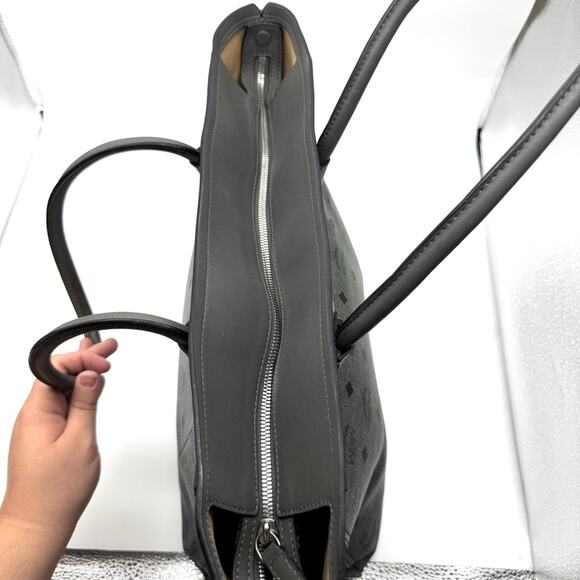 MCM Monogram Visetos Top Zip Shopper Tote Grey - Picture 9 of 16